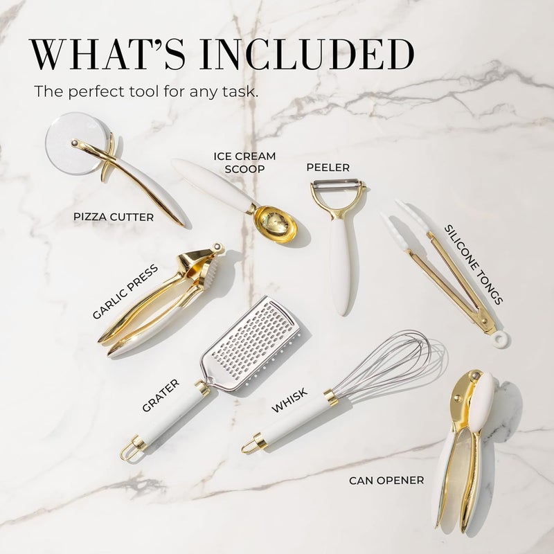 styled settings White & Gold Cooking Utensils Set - Luxe 8-Piece Kitchen Gadget Set Includes Can Opener, Tongs and Garlic Press - Stylish White and Gold Kitchen Accessories for Modern Kitchens, Ideal for Gifting - Image 2