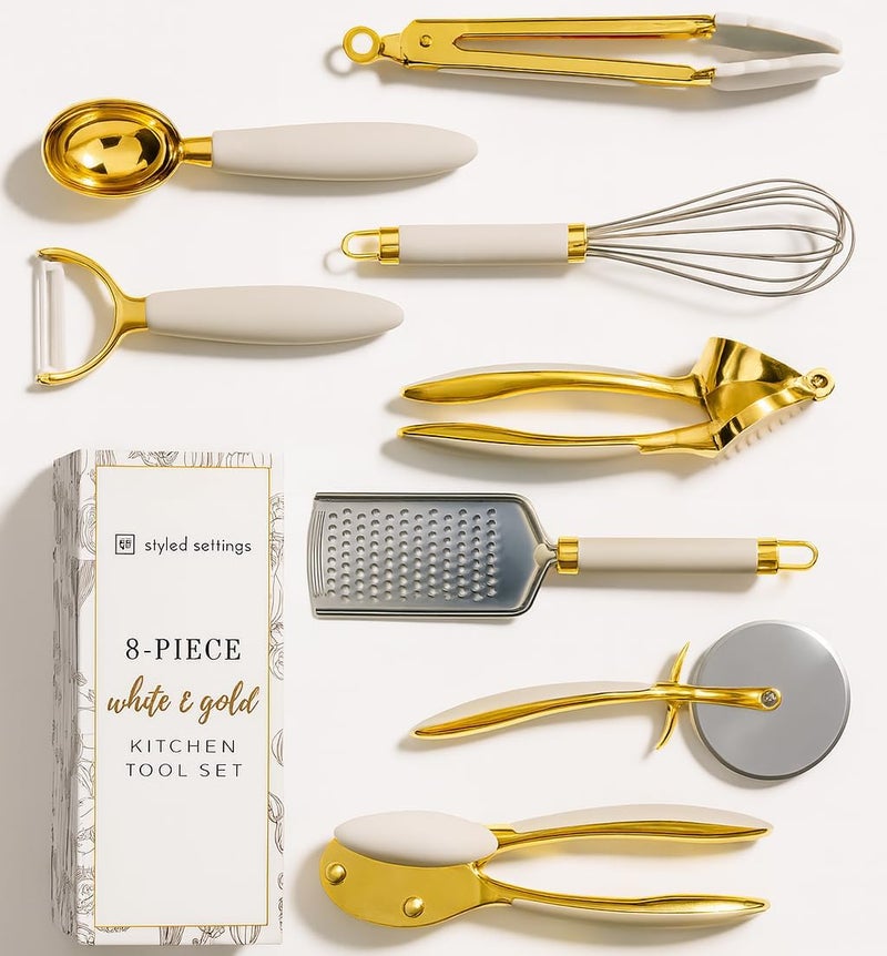 styled settings White & Gold Cooking Utensils Set - Luxe 8-Piece Kitchen Gadget Set Includes Can Opener, Tongs and Garlic Press - Stylish White and Gold Kitchen Accessories for Modern Kitchens, Ideal for Gifting - Image 1