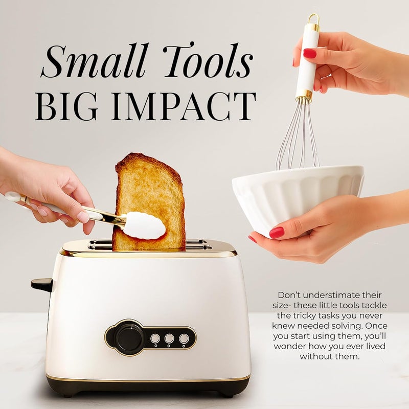 styled settings White & Gold Cooking Utensils Set - Luxe 8-Piece Kitchen Gadget Set Includes Can Opener, Tongs and Garlic Press - Stylish White and Gold Kitchen Accessories for Modern Kitchens, Ideal for Gifting - Image 3