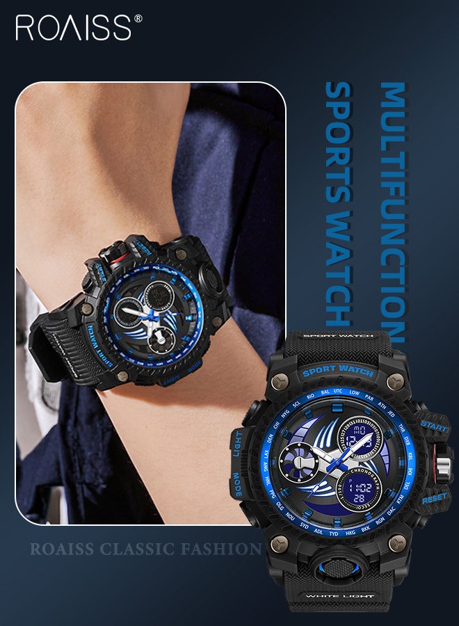 رويس ساعة رياضية رقمية بعقارب مزدوجة العرض للرجال، متعددة الوظائف مقاومة للماء بـ50 متر مضيء بسوار مطاطي، ساعة يد كوارتز إلكترونية مع المنبه وساعة التوقيف للأنشطة الخارجية - Image 1
