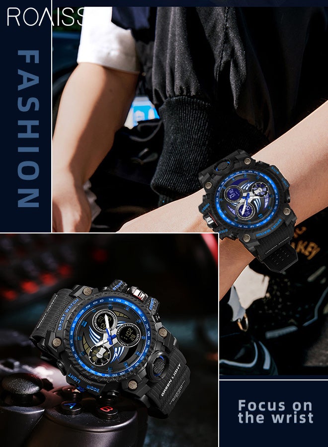 رويس ساعة رياضية رقمية بعقارب مزدوجة العرض للرجال، متعددة الوظائف مقاومة للماء بـ50 متر مضيء بسوار مطاطي، ساعة يد كوارتز إلكترونية مع المنبه وساعة التوقيف للأنشطة الخارجية - Image 2