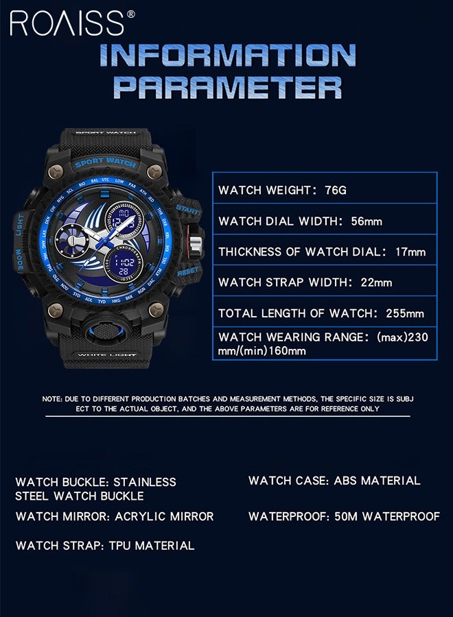 رويس ساعة رياضية رقمية بعقارب مزدوجة العرض للرجال، متعددة الوظائف مقاومة للماء بـ50 متر مضيء بسوار مطاطي، ساعة يد كوارتز إلكترونية مع المنبه وساعة التوقيف للأنشطة الخارجية - Image 4