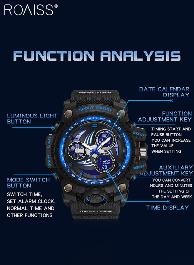 رويس ساعة رياضية رقمية بعقارب مزدوجة العرض للرجال، متعددة الوظائف مقاومة للماء بـ50 متر مضيء بسوار مطاطي، ساعة يد كوارتز إلكترونية مع المنبه وساعة التوقيف للأنشطة الخارجية - Image 5