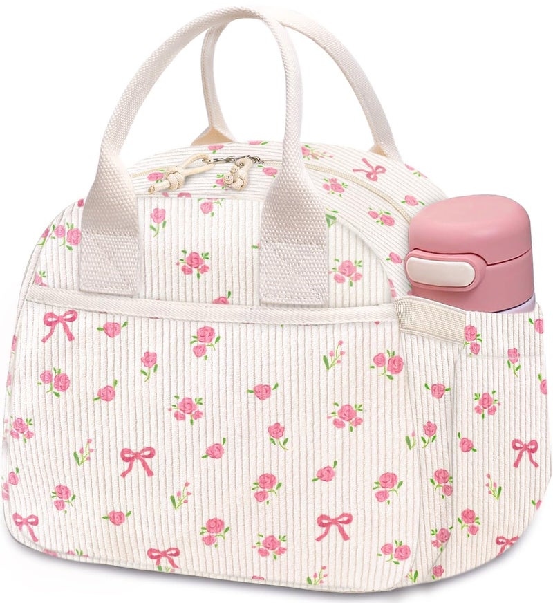 Carry bloom Lunch Box for Women, Insulated Lunch Bag Cute Corduroy Lunchbag Reusable Lunchbox for Work (flower bow beige) - Image 1