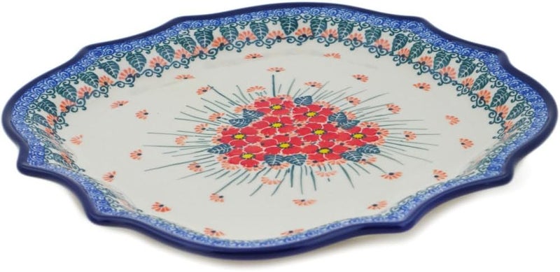 Polmedia Polish Pottery Authentic Polish Pottery 8 Point Plate Signature UNIKAT in Pink Forget Me Not Design Handmade in Bolesawiec Poland by Ceramika Artystyczna  Certificate of Authenticity - Image 2