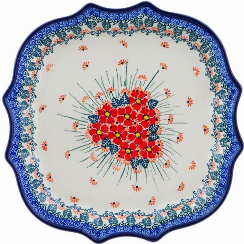 Polmedia Polish Pottery Authentic Polish Pottery 8 Point Plate Signature UNIKAT in Pink Forget Me Not Design Handmade in Bolesawiec Poland by Ceramika Artystyczna  Certificate of Authenticity - Image 1