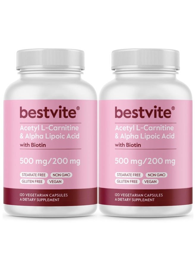 BESTVITE أسيتيل L-كارنيتين 500 ملغ وحمض ألفا ليبويك 200 ملغ لكل كبسولة مع البيوتين (240 كبسولة نباتية) (120 × 2) - بدون ستيرات - نباتي - غير معدّل وراثيًا - خالي من الغلوتين - Image 1