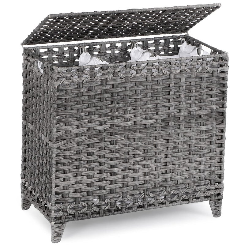 Laundry Hamper with 3 Removable Liner Bags 132L Handwoven Rattan Laundry Basket with Lid  Heightened Feet Clothes Hamper with Side Handles Laundry Sorter with 3 Separate Sections Gray