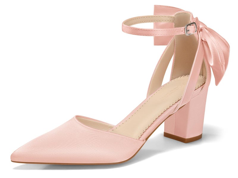 Coutgo Womens Chunky Heels Low Heel Ankle Strap D'Orsay Pumps Closed Pointed Toe Wedding Bridal Shoes, Pink, Size 7.5 - Image 1