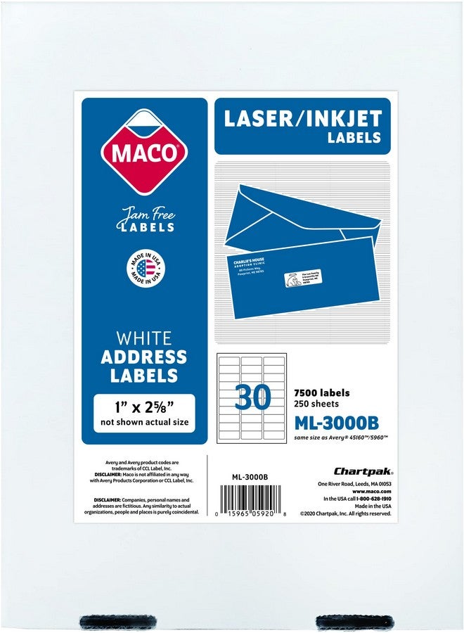 MACO Printable Labels for Mailing - Laser/Ink Jet Compatible Shipping Address Labels, 30 per Sheet, 1" x 2-5/8", Box of 250 Pages/7500 Labels, White - Image 1