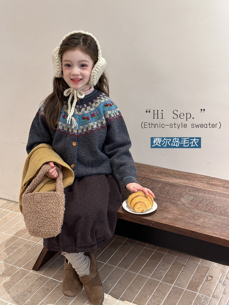 Aimo Beibei''s New Spring and Autumn Collection: Girls'' Vintage Romantic Fair Isle Sweater, Atmospheric Knit Cardigan Jacket - Image 2