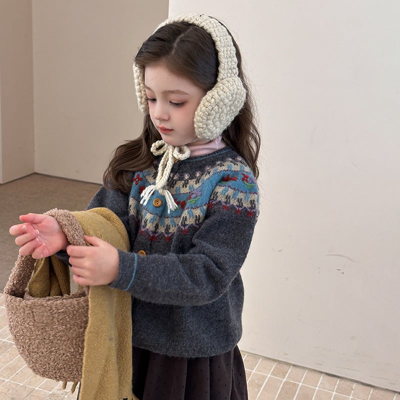 Aimo Beibei''s New Spring and Autumn Collection: Girls'' Vintage Romantic Fair Isle Sweater, Atmospheric Knit Cardigan Jacket - Image 1