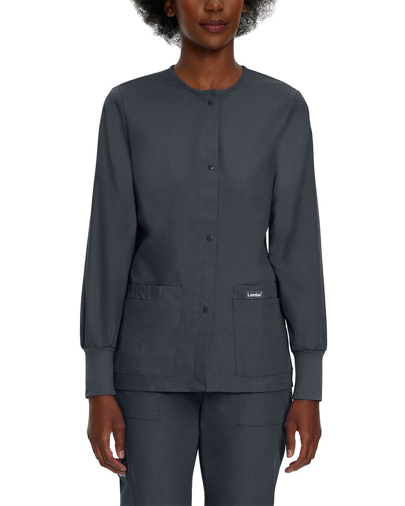 Landau Essentials Relaxed Fit 4-Pocket Snap-Front Scrub Jacket for Women 7525 Graphite 5XL - Image 1