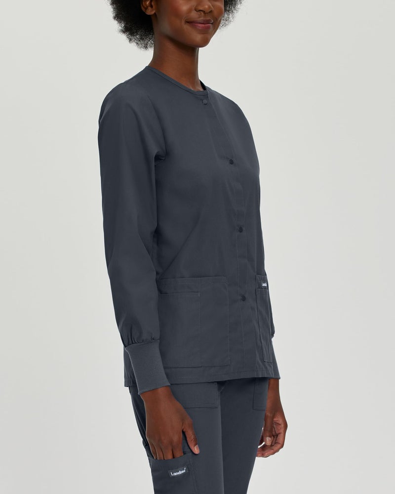 Landau Essentials Relaxed Fit 4-Pocket Snap-Front Scrub Jacket for Women 7525 Graphite 5XL - Image 2
