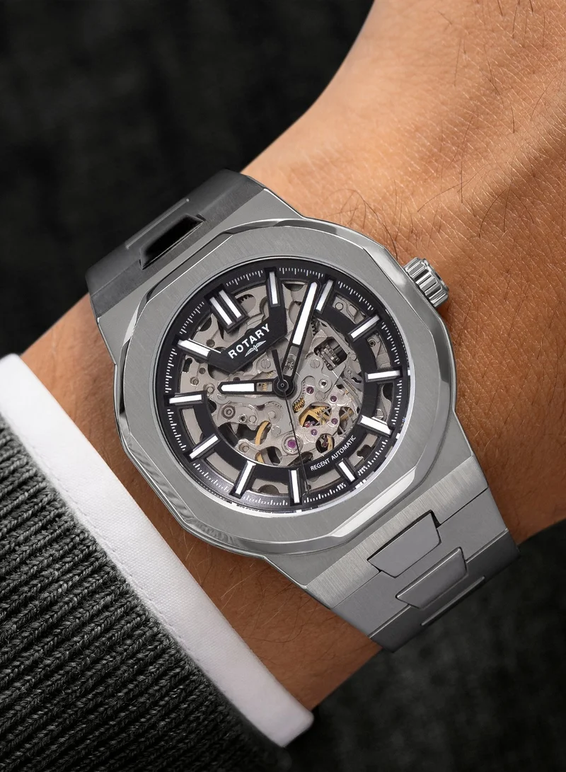 Rotary  Men's Regent Skeleton Automatic Watch, 40 mm, Black Dial, Stainless Steel Bracelet for Men | Best Price UAE