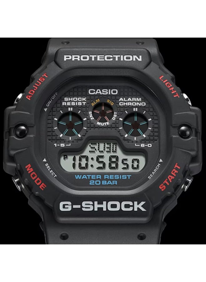 G-SHOCK Digital Men’s Watch DW‑5900U‑1D, 51.4 mm Black Resin Case & Strap, Triple‑Display Retro Digital Watch, Electro‑Luminescent Backlight, Stopwatch/Timer, World Time, 200 m WR - Image 4