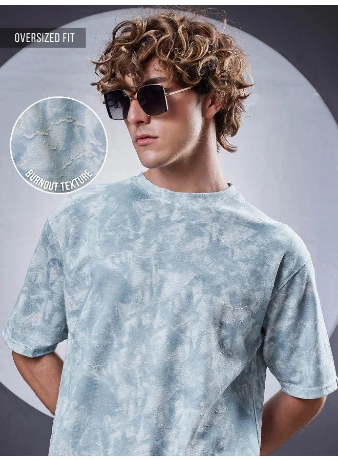 Maniac Maniac Mens Textured Round Neck Half Sleeve Blue Cotton T-Shirt