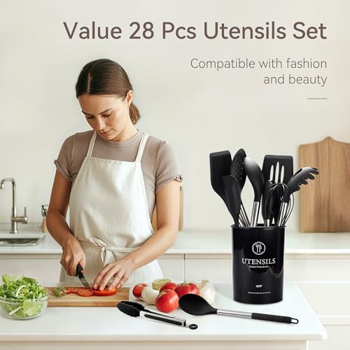 NCUE 28 Pcs Silicone Cooking Utensils Set with Holder, Spatula Set, Silicone Whisk, Scissors, Measuring Cups and Spoons Set with Stainless Steel Handle Kitchen Gadgets (Black) - Image 2