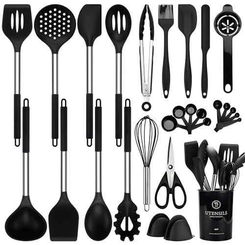 NCUE 28 Pcs Silicone Cooking Utensils Set with Holder, Spatula Set, Silicone Whisk, Scissors, Measuring Cups and Spoons Set with Stainless Steel Handle Kitchen Gadgets (Black) - Image 1