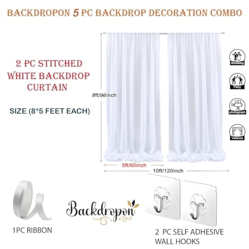 Backdropon Traditional Backdrop Decortion Fabric -5Pcs White Net Curtain for Decoration with Self Adhesive Hooks and Satin Ribbon for Pooja Decoration,Birthday, Anniversary, Wedding - Image 3