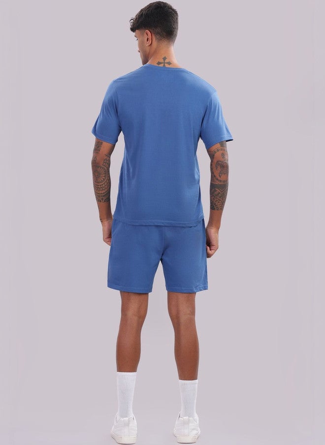OUTLAWS Pure Cotton Round Neck T-Shirt and Shorts Co-Ord Set in Blue - Image 2