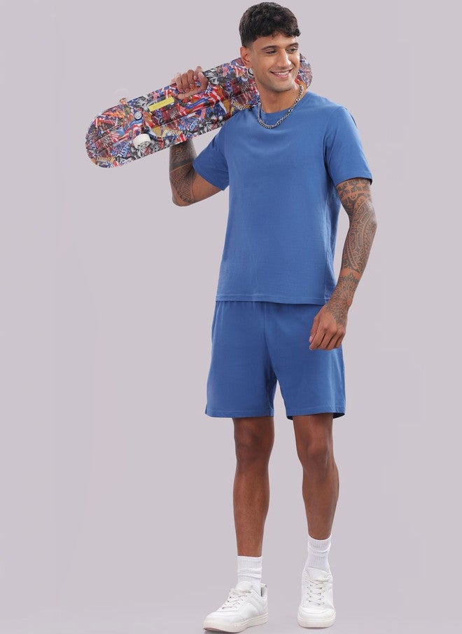 OUTLAWS Pure Cotton Round Neck T-Shirt and Shorts Co-Ord Set in Blue - Image 5