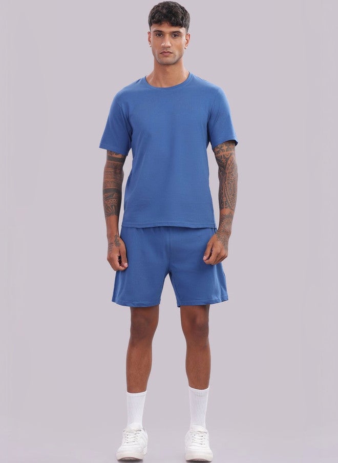 OUTLAWS Pure Cotton Round Neck T-Shirt and Shorts Co-Ord Set in Blue - Image 1