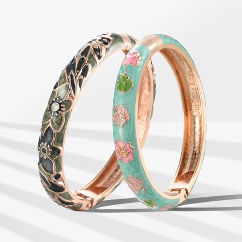 UJOY Designer Womens Couple Bangles Flower Enamel Bracelets Jewelry Box for Women Gift 55A67-55A101 Green - Image 2