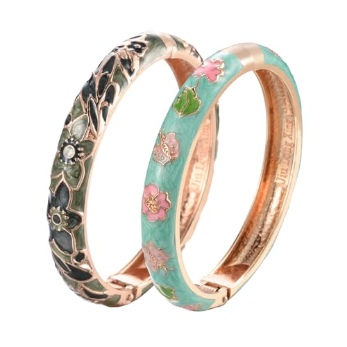 UJOY Designer Womens Couple Bangles Flower Enamel Bracelets Jewelry Box for Women Gift 55A67-55A101 Green - Image 1