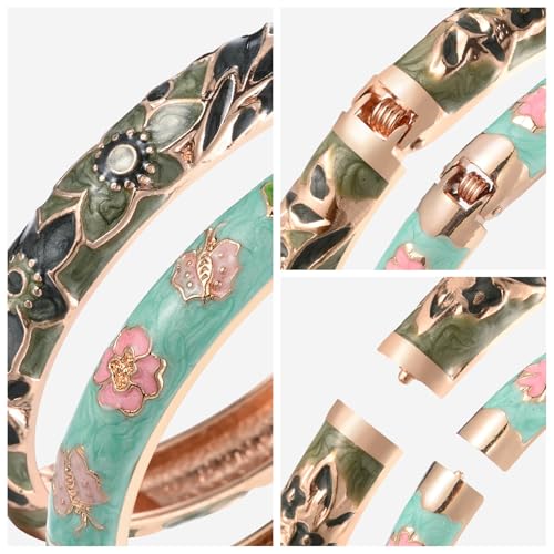 UJOY Designer Womens Couple Bangles Flower Enamel Bracelets Jewelry Box for Women Gift 55A67-55A101 Green - Image 4