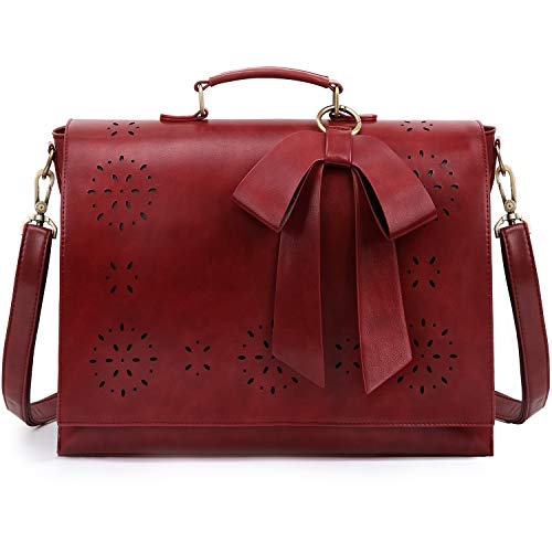 ECOSUSI Women's Briefcase Vegan Leather 15.6 inch Laptop Bag for Work Computer Shoulder Satchel Bag with Detachable Bow, Red - Image 1