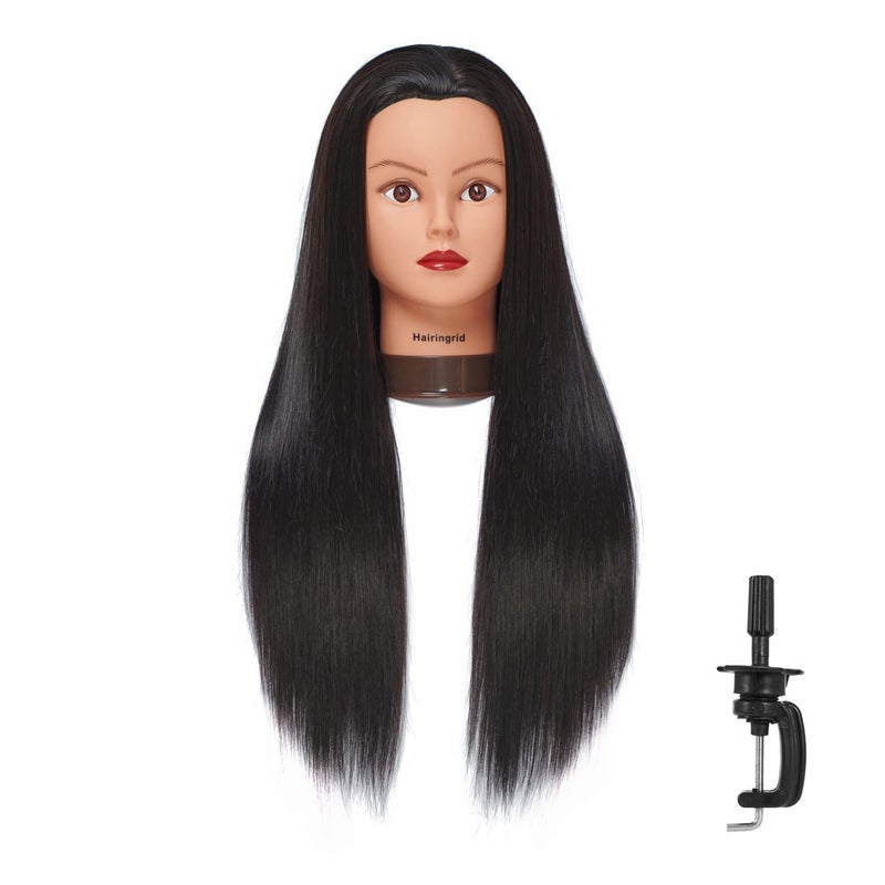 Hairingrid 2628 Mannequin Head Hair Styling Training Head Manikin Cosmetology Doll Head Synthetic Fiber Hair and Free Clamp Holder Black