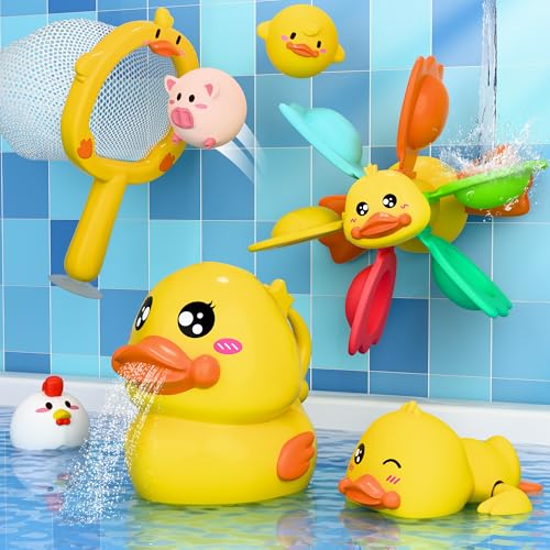 iPlay, iLearn Baby Duck Bath Toy, Toddler Bathtub Suction Water Spinner Gear, Kid Shower Fishing Game W/ Net, Floating Animal, Wind up Swimming Duck, Birthday Gift 6 9 12 Month 1 2 3 Year Old Boy Girl - Image 1