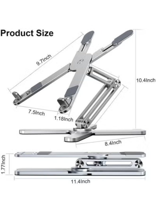 TIGER Adjustable Aluminum Laptop Stand with 360° Rotating Base – Foldable Ergonomic Laptop Riser with Height & Angle Adjustment for Desk – Universal Metal Laptop Holder for MacBook, Dell, Lenovo, HP – Portable Stand for Office, Home, Students – Silver  - Image 2