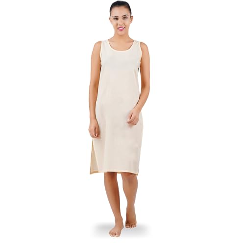 Happy Bunny Soft Cotton Knee Length Inner Slip for Women, Sleeveless Non-Stretch Camisole for Kurti, Dress & Chikankari Suit Lining, Fresh Guard Treated (LG, Skin) - Image 1