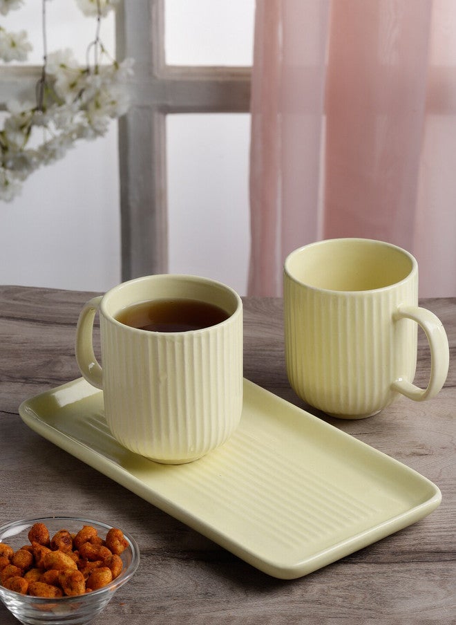 Arrabi Princely Camel Yellow Textured Ceramic Microwave Safe 2 Piece Mugs with Tray - 220ml - Image 1