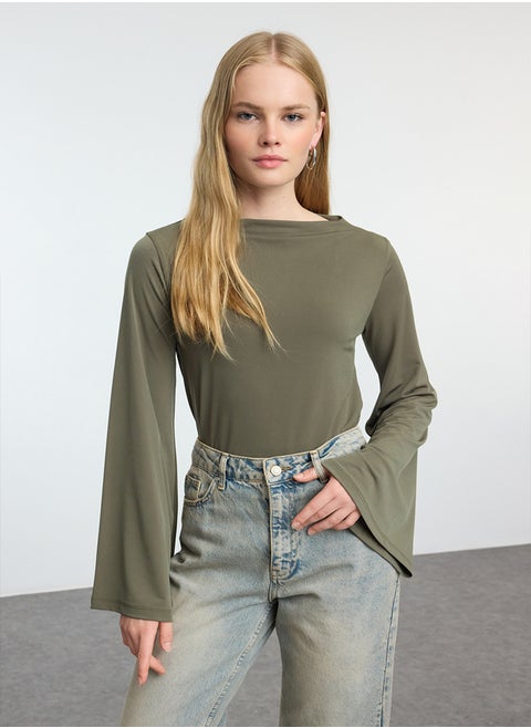 Khaki Relaxed/Comfortable Fit Spanish Sleeve Stretchy Knitted Blouse TWOAW25BZ00203
