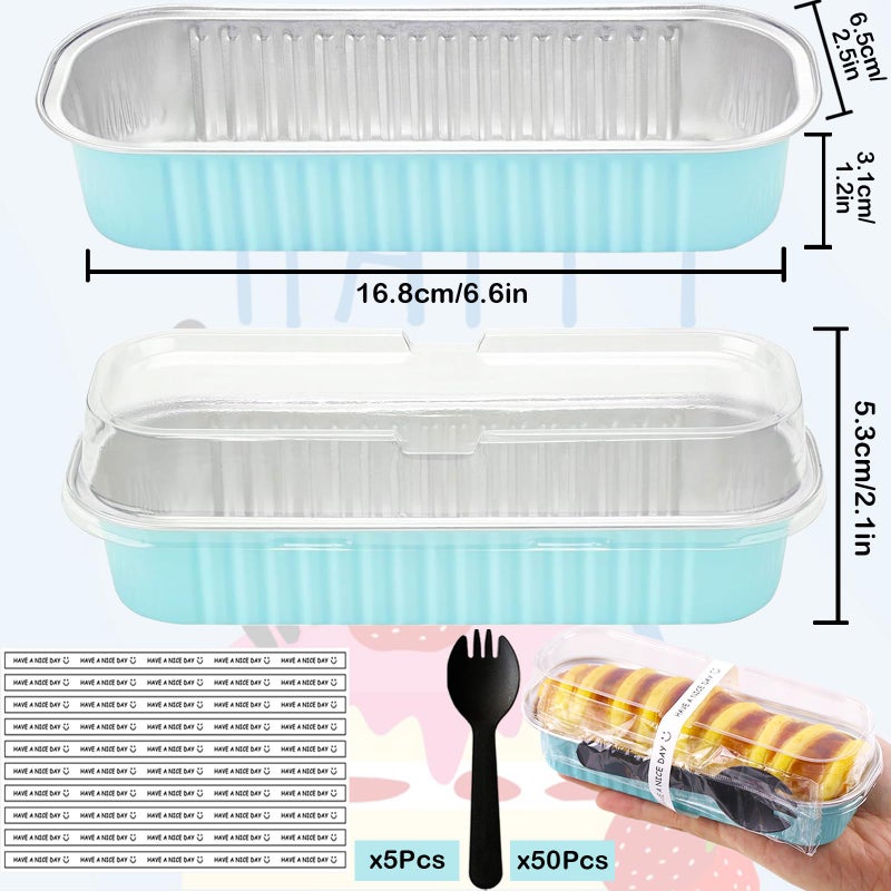 BZIDII 50 Pack Mini Loaf Pans with Lids and Spoons, 6.8 Oz Mini Cake Pans with Lids for Baking, Disposable Rectangle Aluminum Foil Loaf Pan with Stickersï¼ŒSmall Cake Containers Tinï¼ˆBlueï¼‰ - Image 2