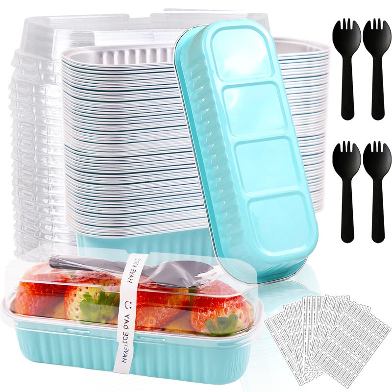 BZIDII 50 Pack Mini Loaf Pans with Lids and Spoons, 6.8 Oz Mini Cake Pans with Lids for Baking, Disposable Rectangle Aluminum Foil Loaf Pan with Stickersï¼ŒSmall Cake Containers Tinï¼ˆBlueï¼‰ - Image 1