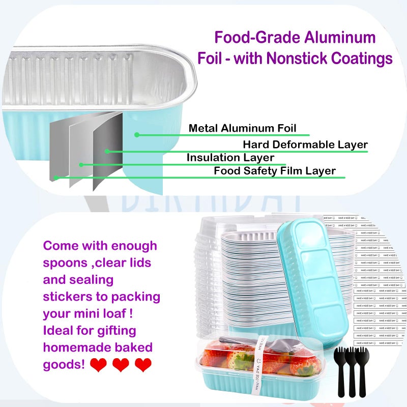BZIDII 50 Pack Mini Loaf Pans with Lids and Spoons, 6.8 Oz Mini Cake Pans with Lids for Baking, Disposable Rectangle Aluminum Foil Loaf Pan with Stickersï¼ŒSmall Cake Containers Tinï¼ˆBlueï¼‰ - Image 5