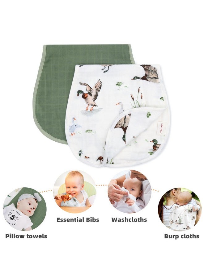 LifeTree Muslin Baby Burp Cloths - 2 Pack 70% Viscose From Bamboo And 30% Cotton Large 22'' By 10'' Absorbent Milk Spit Up Rags - Burping Cloths For Newborn, Girls Boys, Mallardduck & Olive  - Image 2