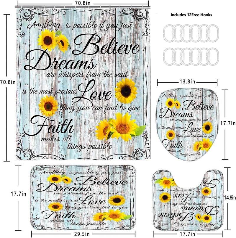 AZHM 4pcs Farmhouse Shower Curtain Sets Sunflower Bathroom Decor Set Inspirational Quotes Bathroom Curtain Shower Set with Rugs and Accessories Floral Flower Toilet Curtain Set - Image 2