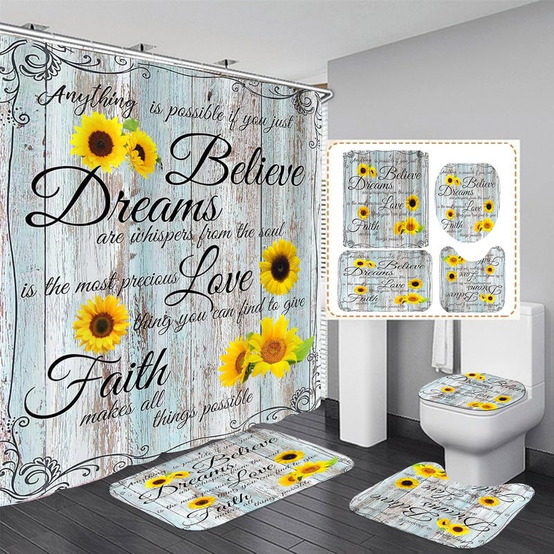 AZHM 4pcs Farmhouse Shower Curtain Sets Sunflower Bathroom Decor Set Inspirational Quotes Bathroom Curtain Shower Set with Rugs and Accessories Floral Flower Toilet Curtain Set - Image 1