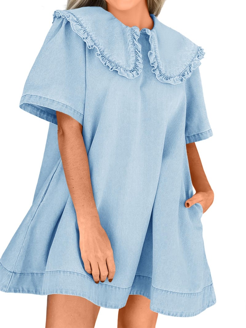 Wenrine Womens Summer Denim Mini Dress Oversized Peter Pan Collar Short Sleeve Casual Flowy Babydoll Jean Dresses - Image 1