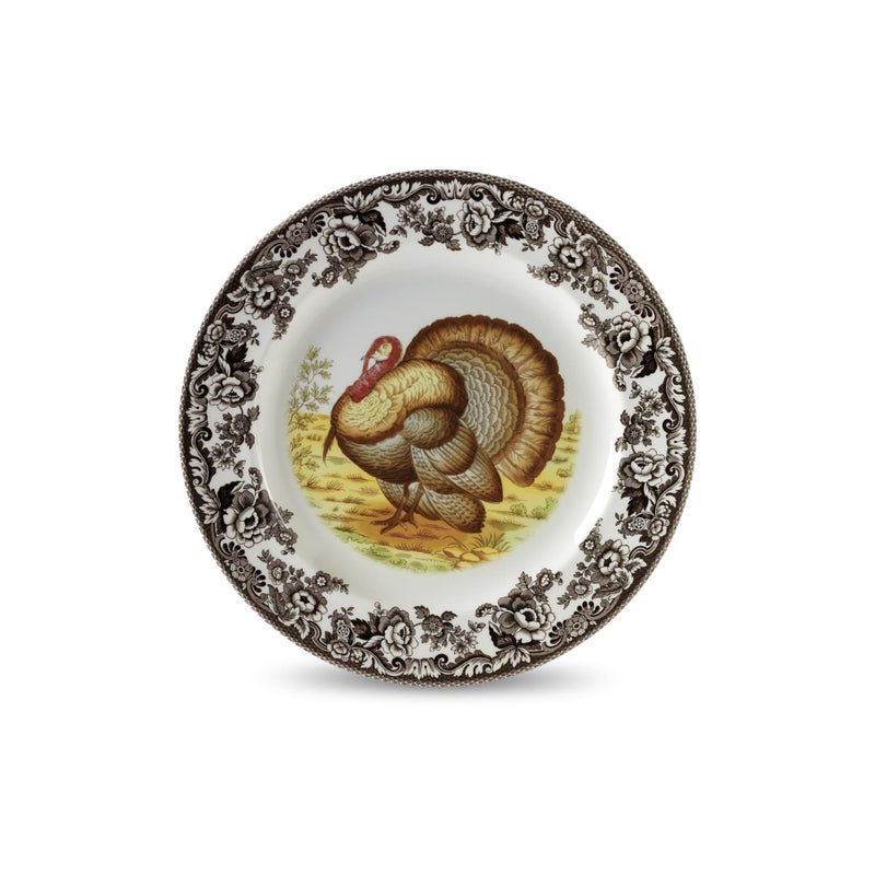 Spode Woodland Turkey Salad Plate Traditional Wildlife Design Thanksgiving Appetizer or Dessert Dish with 8 Inch Diameter Fine Earthenware British Flowers Border Microwave Oven Freezer Safe