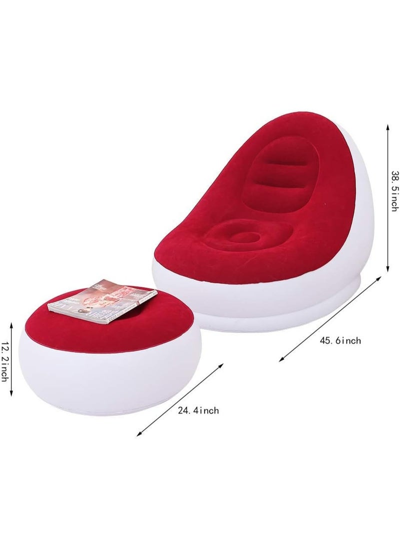 SUKILO - Inflatable Lazy Sofa with Foot Stool – Portable Flocking Lounge Chair – Easy Storage for Home & Outdoor Relaxation – Red - Image 1