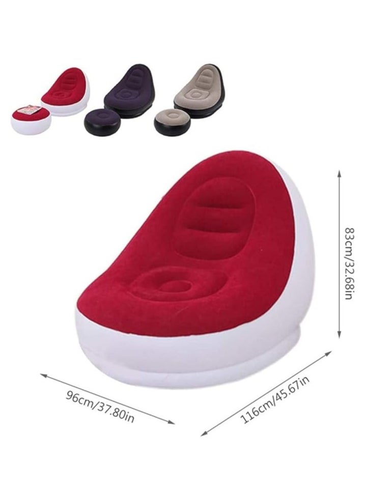 SUKILO - Inflatable Lazy Sofa with Foot Stool – Portable Flocking Lounge Chair – Easy Storage for Home & Outdoor Relaxation – Red - Image 1