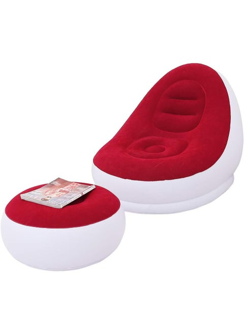 Inflatable Lazy Sofa with Foot Stool – Portable Flocking Lounge Chair – Easy Storage for Home & Outdoor Relaxation – Red