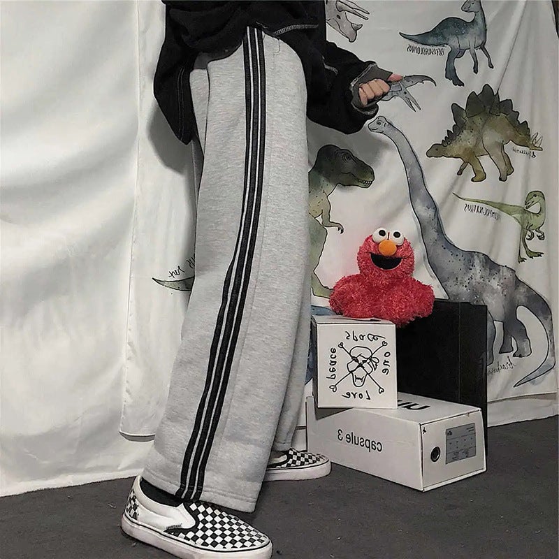 بنطلون كاجوال عصري للنساء لخريف وشتاء بأسلوب أمريكي ريترو مخطط مستقيم بأسلوب هاراجوكو فضفاض بنطلون رياضي عصري أسود - Image 2