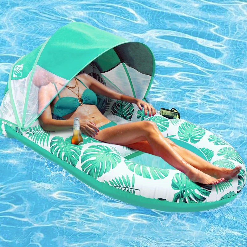 COOLCOOLDEE Pool Lounge Float with Canopy UPF50+,Extra Large Pool Floats for Adults Heavy Duty,Inflatable Lounger Float with Cup Holder & Backrest,Footrest - Image 1